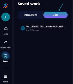 neuroflash Web-App linke Navigationsleiste mit Ansicht gespeicherter Dokumente