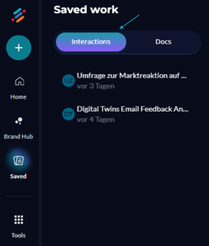 neuroflash Web-App linke Navigationsleiste mit Ansicht gespeicherter Interaktionen